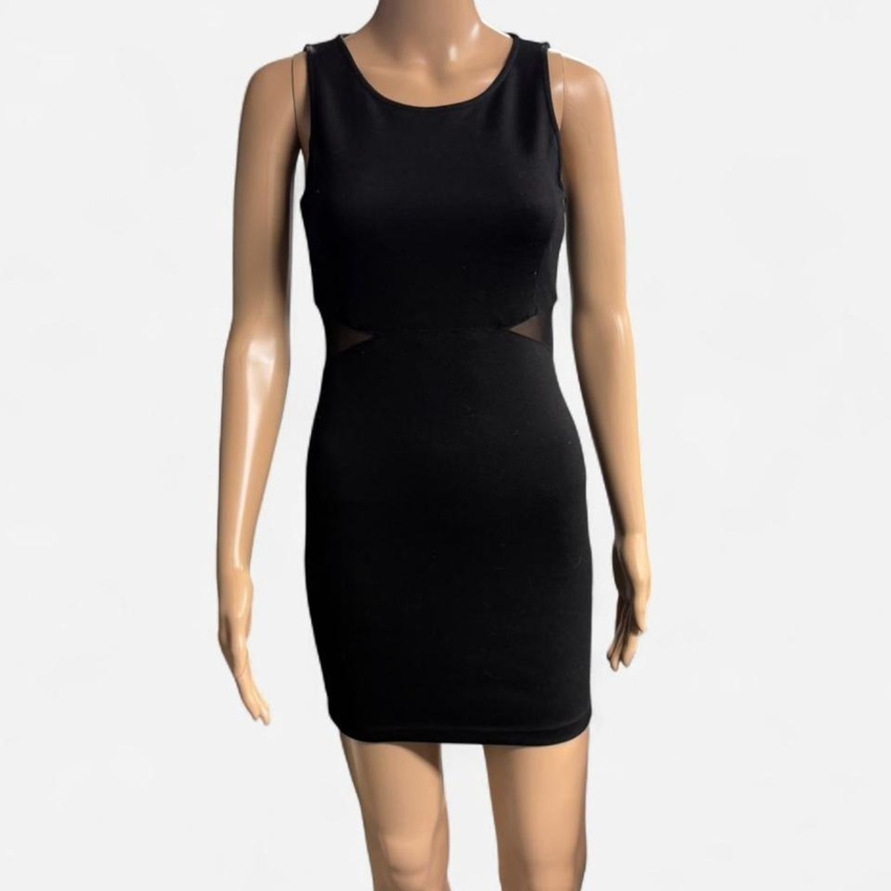Black Sleeveless Bodycon Mini Dress with Mesh Side Cutouts and Back Zipper